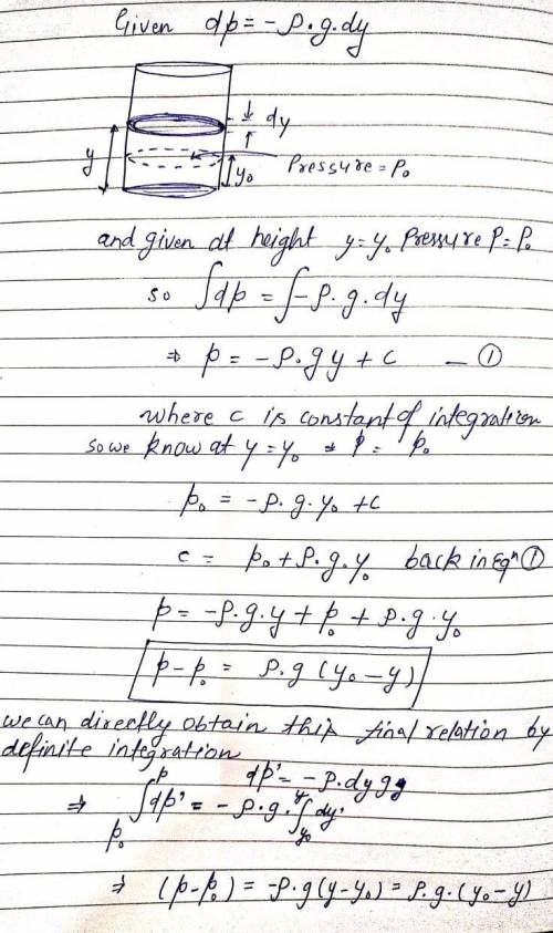 Integrate both sides of the differential equation you found for dp to obtain an equation for p. Your