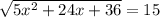 \sqrt{5x^2+24x+36}=15