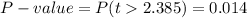 P-value=P(t2.385)=0.014