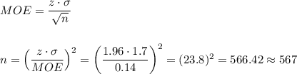 MOE=\dfrac{z\cdot \sigma}{\sqrt{n}}\\\\\\n=\left(\dfrac{z\cdot \sigma}{MOE}\right)^2=\left(\dfrac{1.96\cdot 1.7}{0.14}\right)^2=(23.8)^2=566.42\approx 567