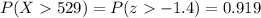 P(X529)=P(z-1.4)=0.919