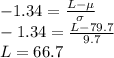 -1.34=\frac{L-\mu}{\sigma}\\-1.34=\frac{L-79.7}{9.7}\\ L=66.7
