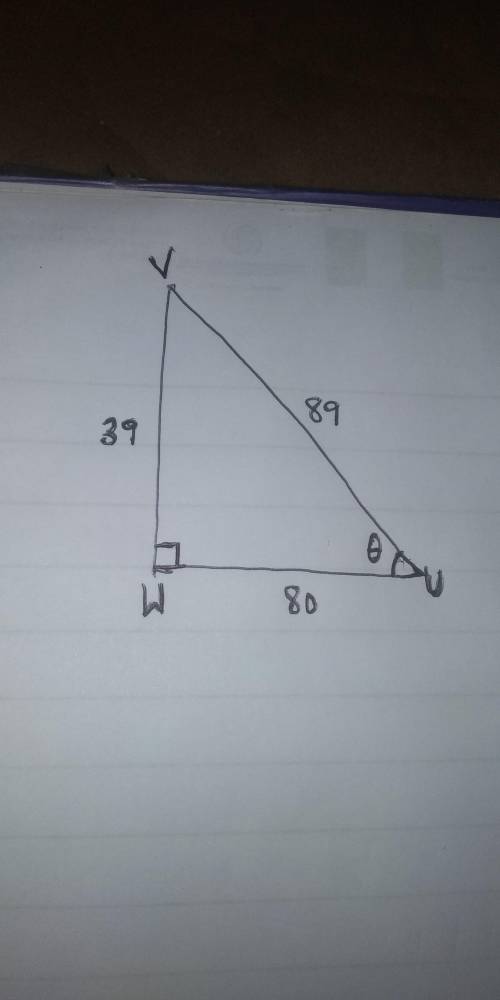 In ΔUVW, the measure of ∠W=90°, WV = 39, UW = 80, and VU = 89. What ratio represents the cosine of ∠