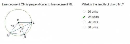 Line segment ON is perpendicular to line segment ML.Circle O is shown. Line segments M O, N O, and L