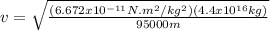 v = \sqrt{\frac{(6.672x10^{-11}N.m^{2}/kg^{2})(4.4x10^{16}kg)}{95000m}}