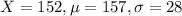 X = 152, \mu = 157, \sigma = 28