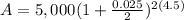 A=5,000(1+\frac{0.025}{2})^{2(4.5)}