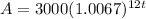 A = 3000(1.0067)^{12t}