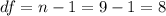 df = n-1= 9-1=8