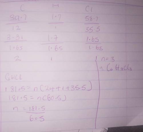 By mass, a compound contains 39.7% C, 1.7% H, and 58.7% Cl, and has a molar mass of 181.5 grams. Det