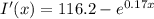 I'(x) = 116.2-e^{0.17x}