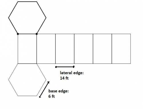 A regular hexagonal prism has a base edge of 6 feet and a lateral edge of 14 feet. Find the surface