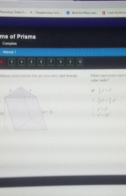 W2056 The oblique prism below has an isosceles right triangle base, What expression represents the v