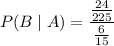 P(B\mid A)=\dfrac{\frac{24}{225}}{\frac{6}{15}}