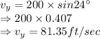 v_{y} = 200 \times sin24^\circ\\\Rightarrow 200 \times 0.407\\\Rightarrow v_{y} = 81.35 ft/sec