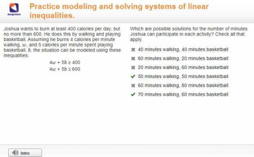 Which are possible solutions for the number of minutes Joshua can participate in each activity? Chec