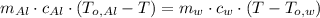 m_{Al}\cdot c_{Al}\cdot (T_{o,Al}-T) = m_{w}\cdot c_{w}\cdot (T-T_{o,w})