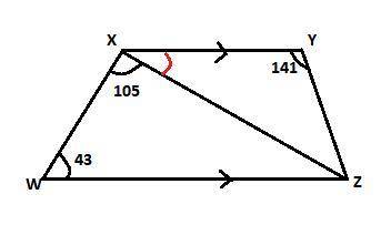 In trapezoid $WXYZ$, $\overline{XY} \parallel \overline{WZ}$, $\angle WXZ = 105^\circ$, $\angle W =