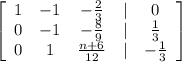 \left[\begin{array}{ccccc}1&-1&-\frac{2}{3} &|&0\\0&-1&-\frac{8}{9} &|&\frac{1}{3} \\0&1&\frac{n+6}{12} &|&-\frac{1}{3}\end{array}\right]