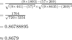 =\frac{(9\times 1893)-(57\times 269)}{\sqrt{(9\times 441)-(57)^{2}}\times \sqrt{(9\times 8635)-(269)^{2}}}\\\\=\frac{1704}{\sqrt{720\times 5354}}\\\\=0.86788895\\\\\approx 0.8679