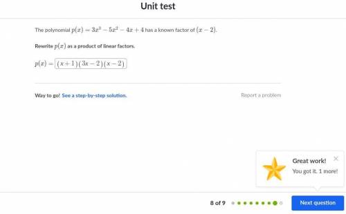 The polynomial P(x)=3x^3-5x^2-4x+4 has a factor of (x-2) rewrite P(x) as a product of linear factors