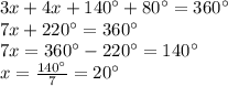 3x+4x+140\°+80\°=360\°\\7x+220\°=360\°\\7x=360\°-220\°=140\°\\x=\frac{140\°}{7}=20\°\\