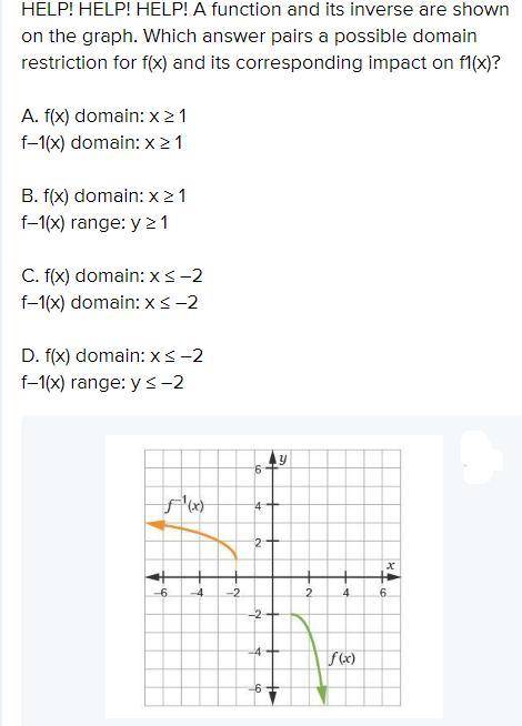 Which answer pairs a possible domain restriction for f(x) and its corresponding impact on f-1(x)