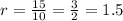 r=\frac{15}{10} =\frac{3}{2}= 1.5