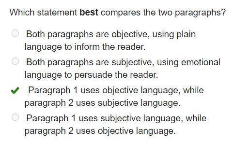 Which statement best compares the two paragraphs? O Both paragraphs are objective, using plain langu