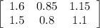 \left[\begin{array}{ccc}1.6&0.85&1.15\\1.5&0.8&1.1\end{array}\right]