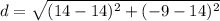 d=\sqrt{(14-14)^2+(-9-14)^2}