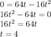 0=64t - 16t^2\\16t^2-64t=0\\16t^2=64t\\t=4