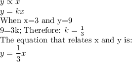 y \propto x\\y=kx\\$When x=3 and y=9\\9=3k; Therefore: $k=\frac{1}{3} \\$The equation that relates x and y is:$\\y=\dfrac{1}{3}x