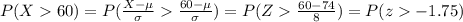 P(X60)=P(\frac{X-\mu}{\sigma}\frac{60-\mu}{\sigma})=P(Z\frac{60-74}{8})=P(z-1.75)