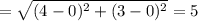 = \sqrt{(4-0)^{2}+(3-0)^{2}} = 5