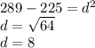 289 - 225 = d^{2} \\d=\sqrt{64} \\ d=8