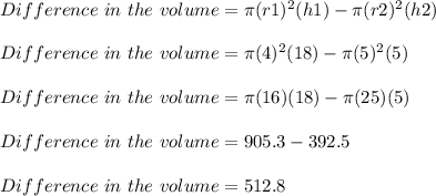 Difference\ in\ the\ volume = \pi (r1)^2(h1)- \pi (r2)^2(h2)\\\\Difference\ in\ the\ volume = \pi (4)^2(18)- \pi (5)^2(5)\\\\Difference\ in\ the\ volume = \pi (16)(18)- \pi (25)(5)\\\\Difference\ in\ the\ volume =905.3-392.5\\\\Difference\ in\ the\ volume = 512.8