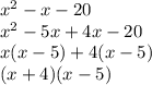 {x}^{2}  - x - 20 \\  {x}^{2}  - 5x + 4x - 20 \\ x(x - 5) + 4(x - 5) \\ (x + 4)(x - 5)