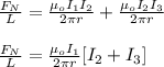 \frac{F_N}{L}=\frac{\mu_oI_1I_2}{2\pi r}+\frac{\mu_oI_2I_3}{2\pi r}\\\\\frac{F_N}{L}=\frac{\mu_oI_1}{2\pi r}[I_2+I_3]