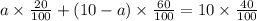 a\times \frac{20}{100}+(10-a)\times \frac{60}{100}=10\times \frac{40}{100}