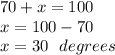 70 + x = 100 \\ x = 100 - 70  \\ x = 30 \:  \:  \: degrees