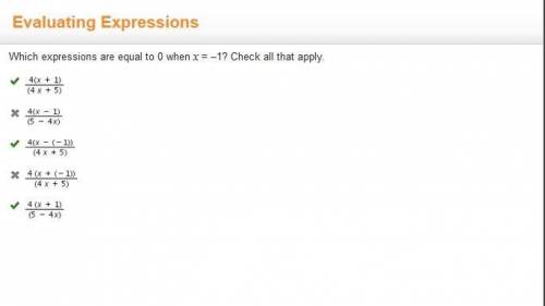 Uually Cxpressions

Which expressions are equal to 0 when x=-1? Check all that apply.(4x + 5)4(x - 1