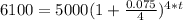 6100=5000(1+\frac{0.075}{4} )^{4*t}