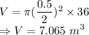 V = \pi (\dfrac{0.5}{2})^2 \times 36\\\Rightarrow V = 7.065\ m^3