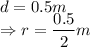 d = 0.5m\\\Rightarrow r = \dfrac{0.5}{2} m