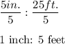 \dfrac{5 in.}{5} : \dfrac{25 ft.}{5}\\\\$1 inch: 5 feet