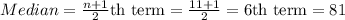 Median = \frac{n+1}{2} \text{th term}=\frac{11+1}{2}=6 \text{th term} = 81