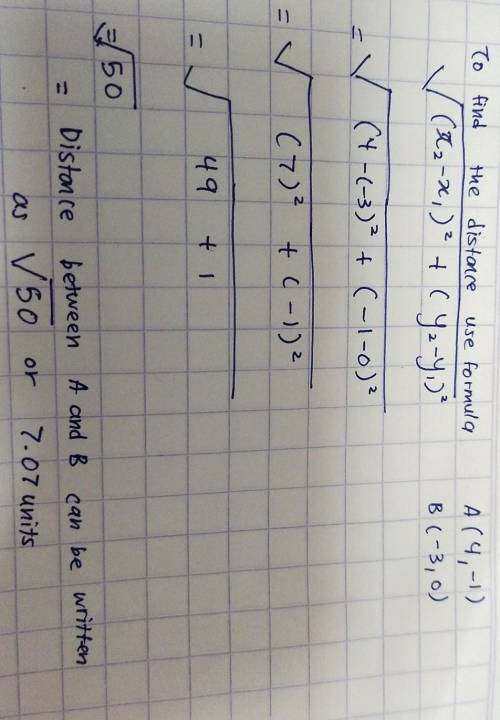 Find the distance between A (4. - 1) and B (-3,0)