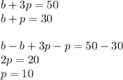 b+3p=50\\b+p=30\\\\b-b+3p-p=50-30\\2p=20\\p=10