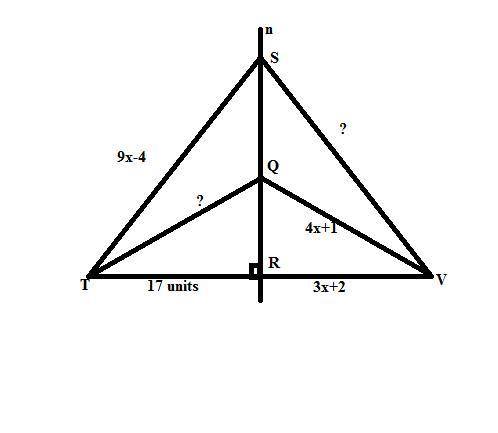 Line n is a perpendicular bisector of line segment T V. It intersects line segment T V at point R. L